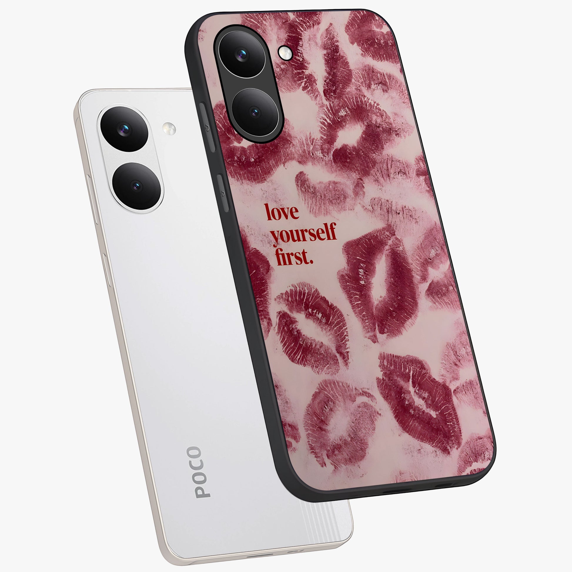 Crimson Kiss Love Glass Case displayed in angled mockup highlighting bold love inspired design with modern aesthetic style.