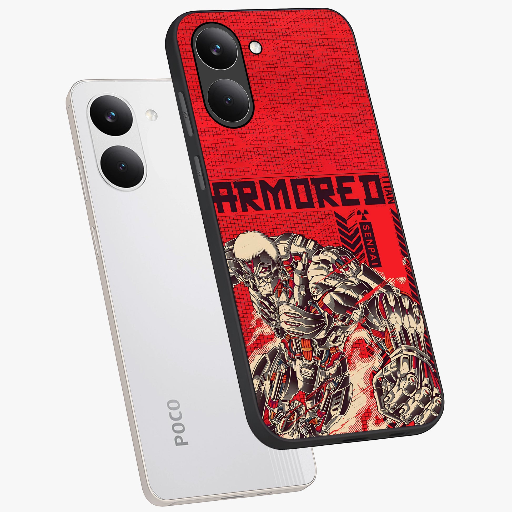 Crimson Mecha Titan Glass Case displayed in angled mockup highlighting futuristic mech illustration with bold crimson aesthetic.