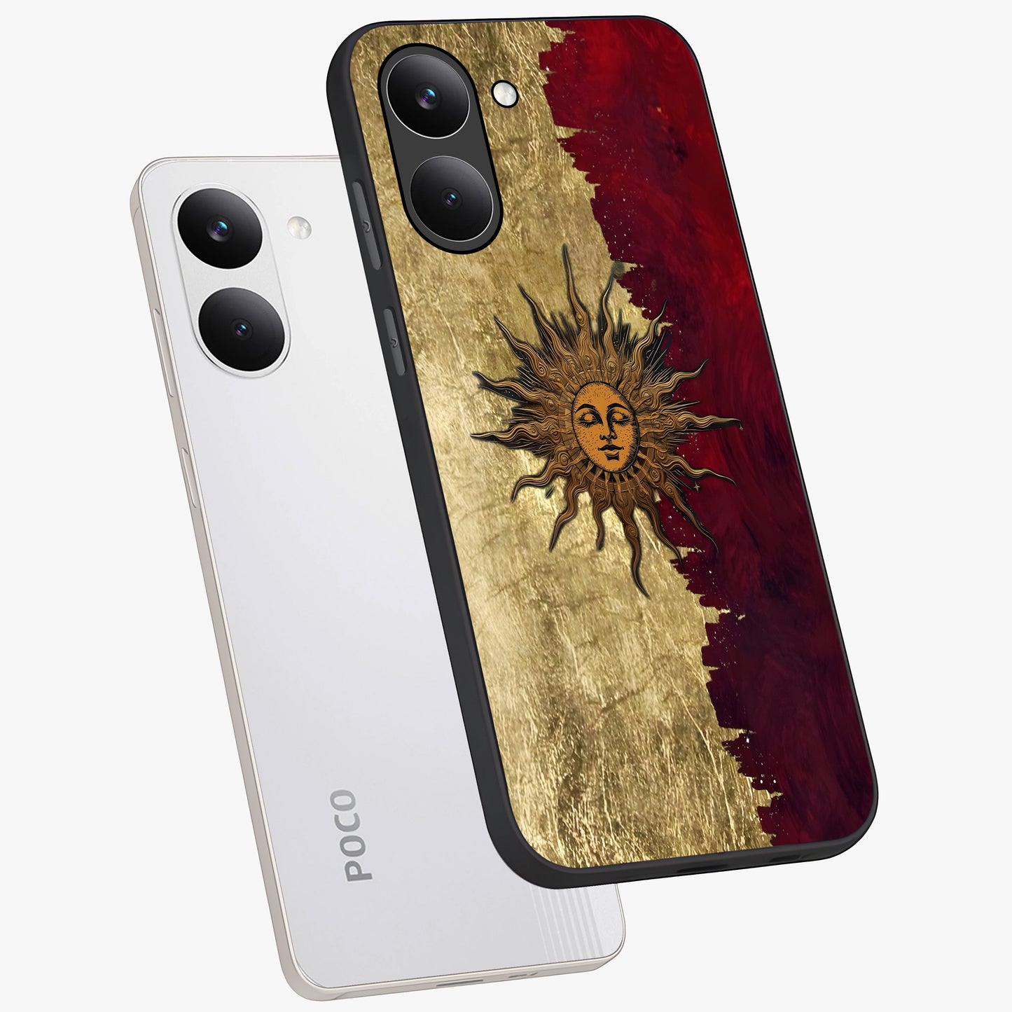 Crimson Sun Majesty Glass Case displayed in angled mockup highlighting majestic crimson sun design with bold aesthetic style.