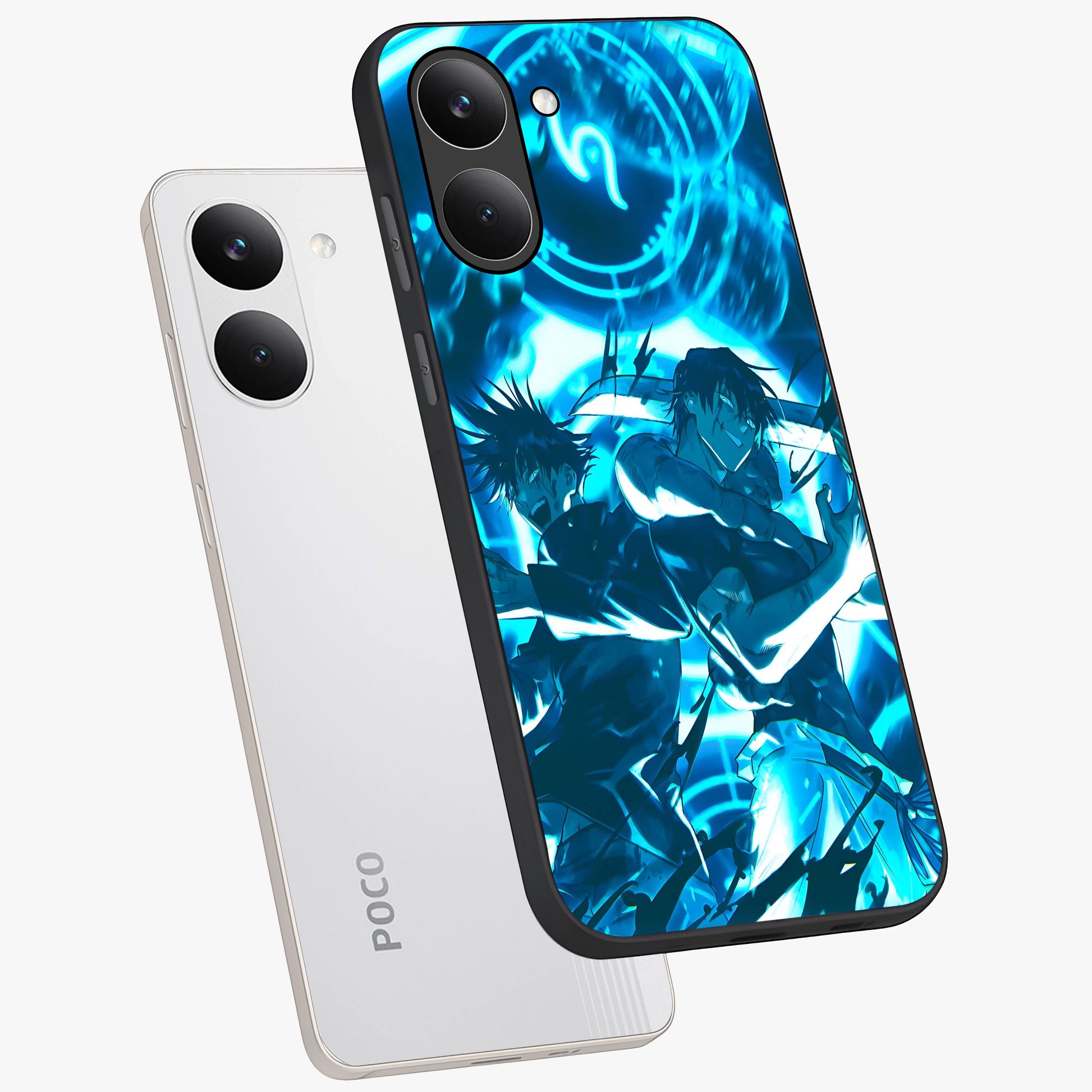 Cursed Energy Clash Glass Case displayed in angled mockup highlighting powerful battle inspired graphic with anime style aesthetic.