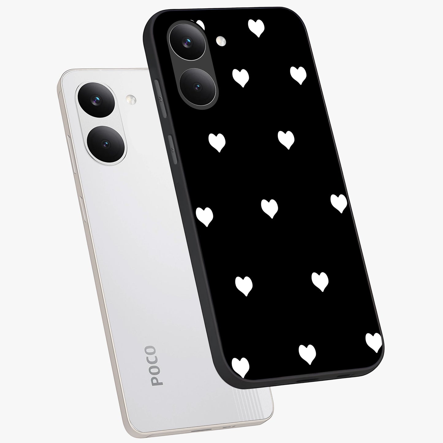Cute And Simple White Hearts Glass Case displayed in angled mockup highlighting cute heart design with clean aesthetic style.