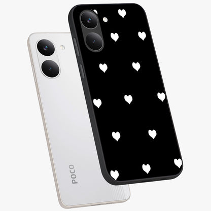 Cute And Simple White Hearts Glass Case displayed in angled mockup highlighting cute heart design with clean aesthetic style.