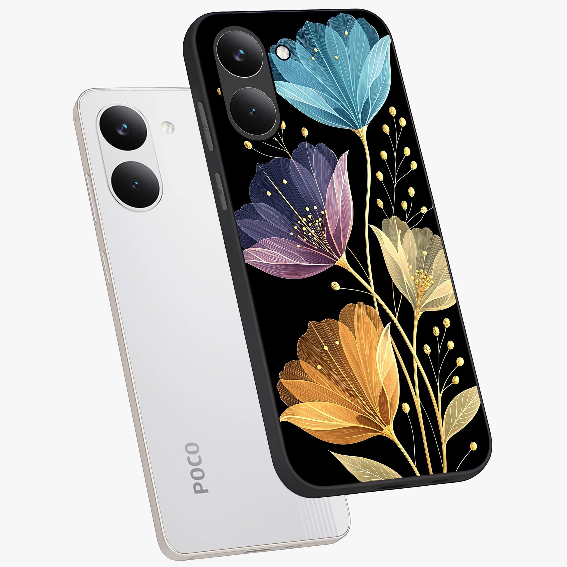Delicate Multicolor Flowers Glass Case displayed in angled mockup highlighting colorful flower pattern with soft aesthetic style.