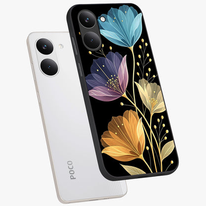 Delicate Multicolor Flowers Glass Case displayed in angled mockup highlighting colorful flower pattern with soft aesthetic style.