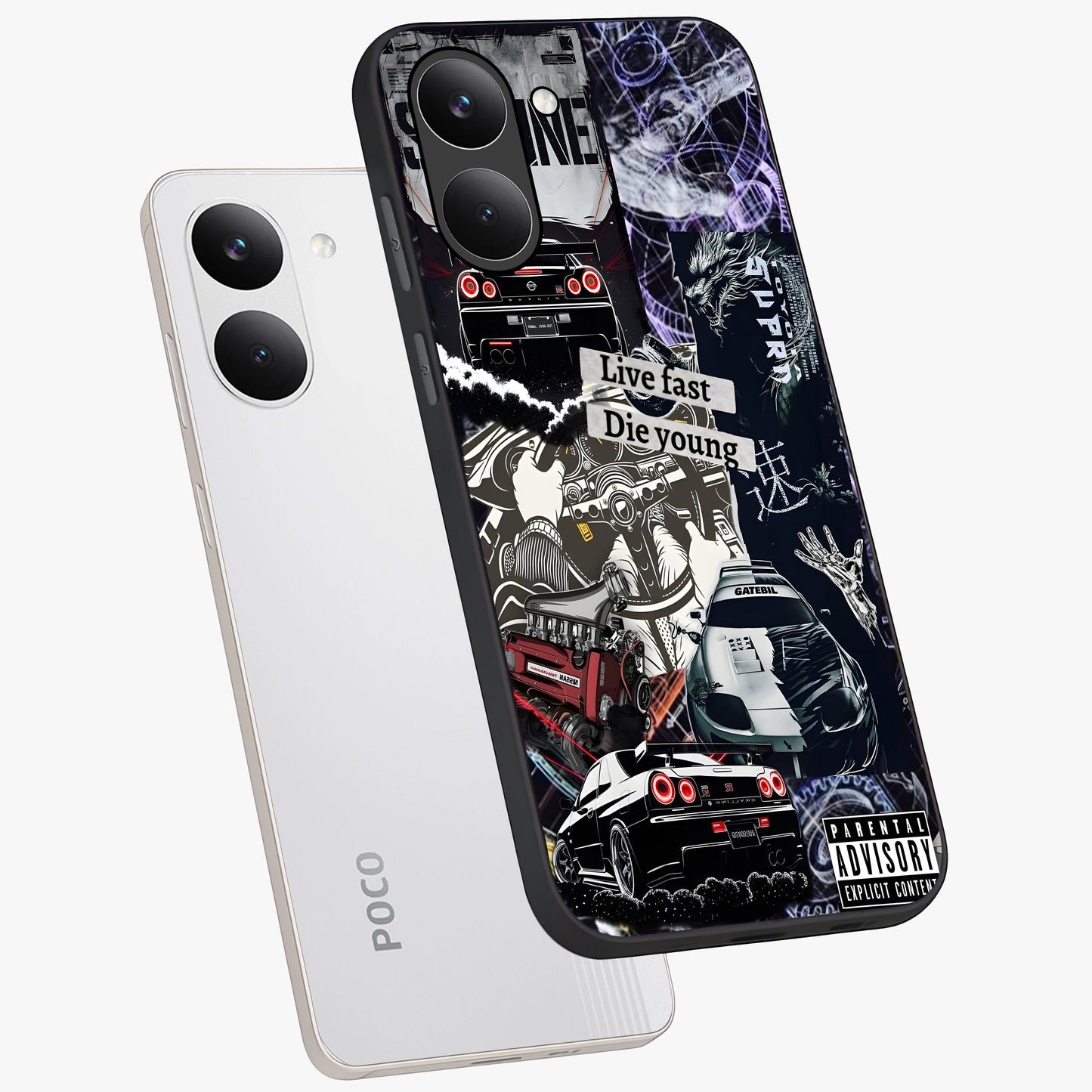 Die Young Glass Case displayed in angled mockup highlighting expressive graphic artwork with edgy aesthetic style.