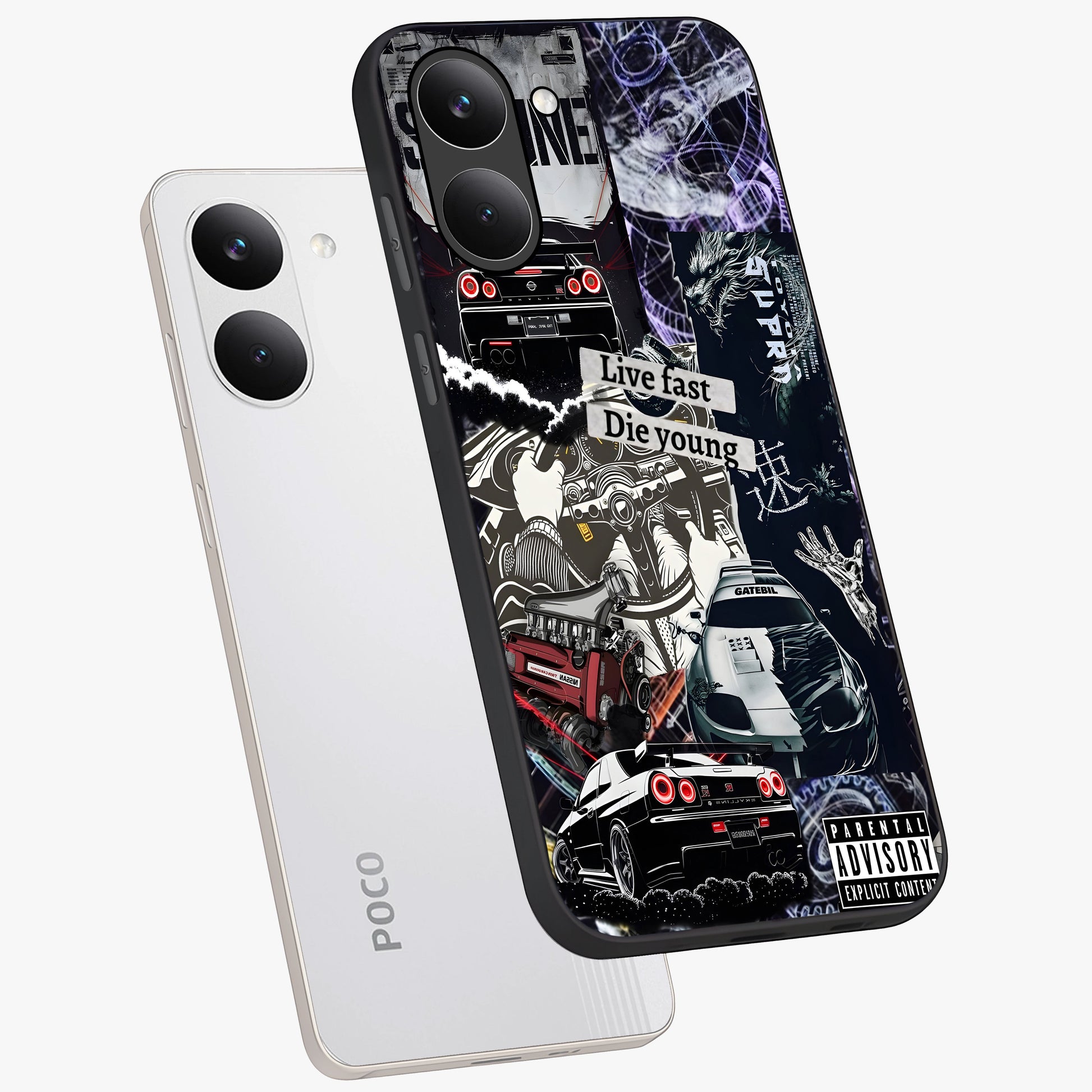 Die Young Glass Case displayed in angled mockup highlighting expressive graphic artwork with edgy aesthetic style.