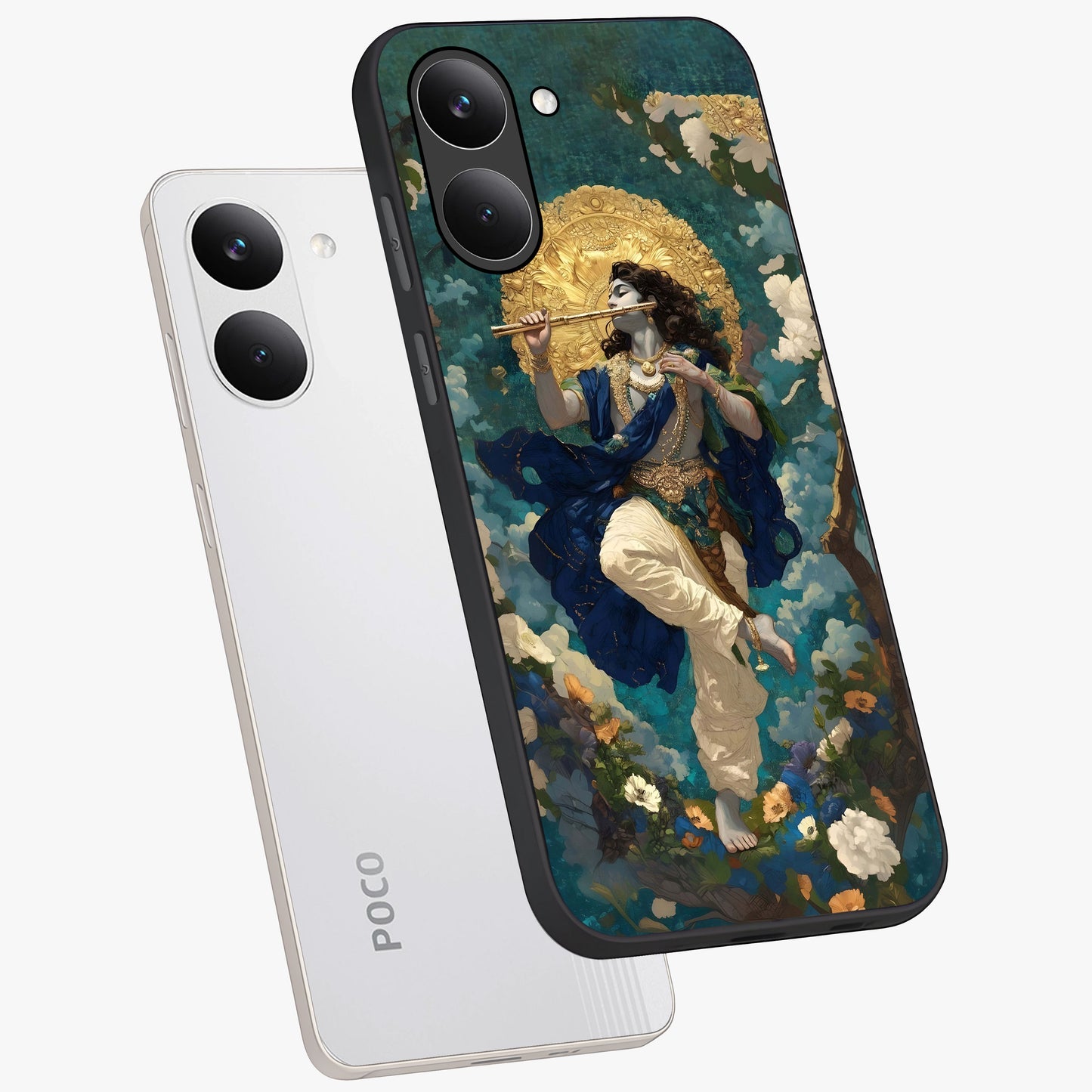 Divine Krishna Art Glass Case displayed in angled mockup highlighting spiritual Krishna illustration with devotional aesthetic.