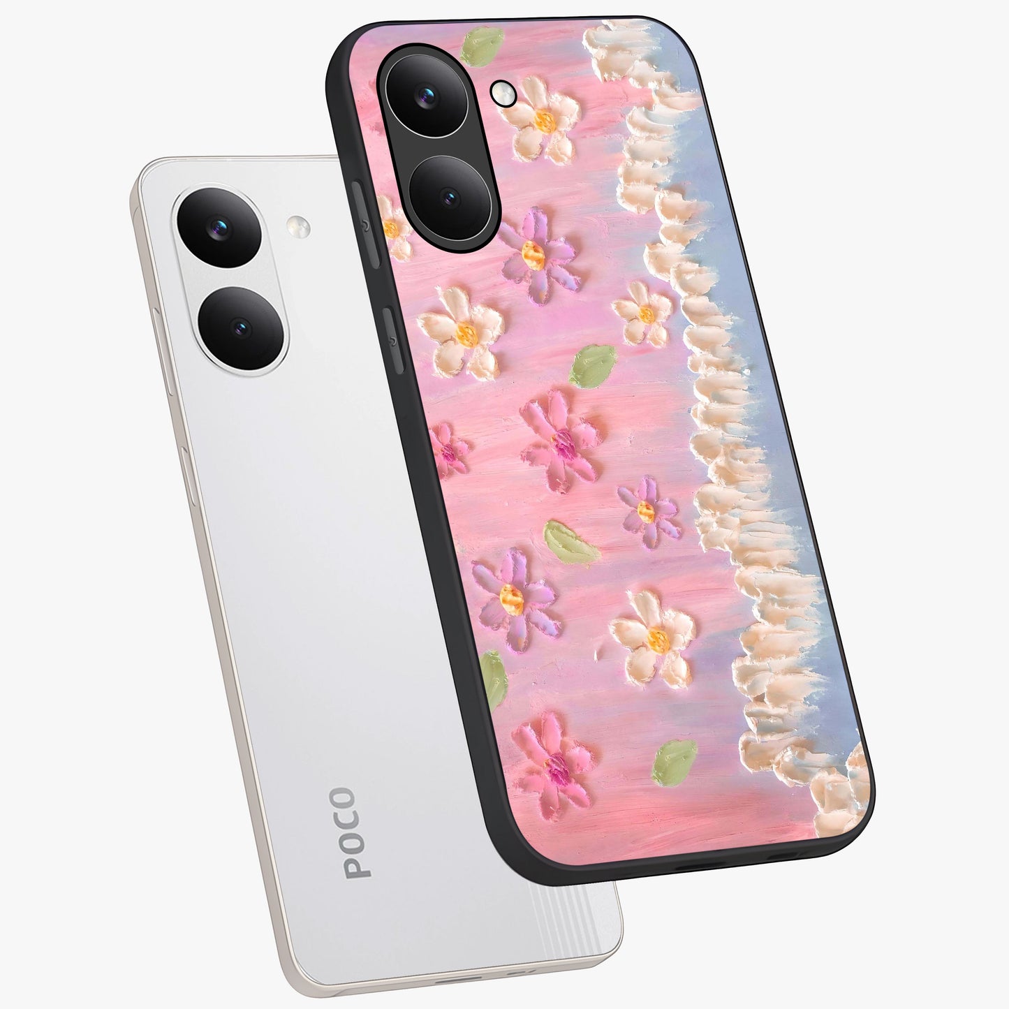 Dreamy Painted Garden Glass Case displayed in angled mockup highlighting colorful garden illustration with dreamy aesthetic style.