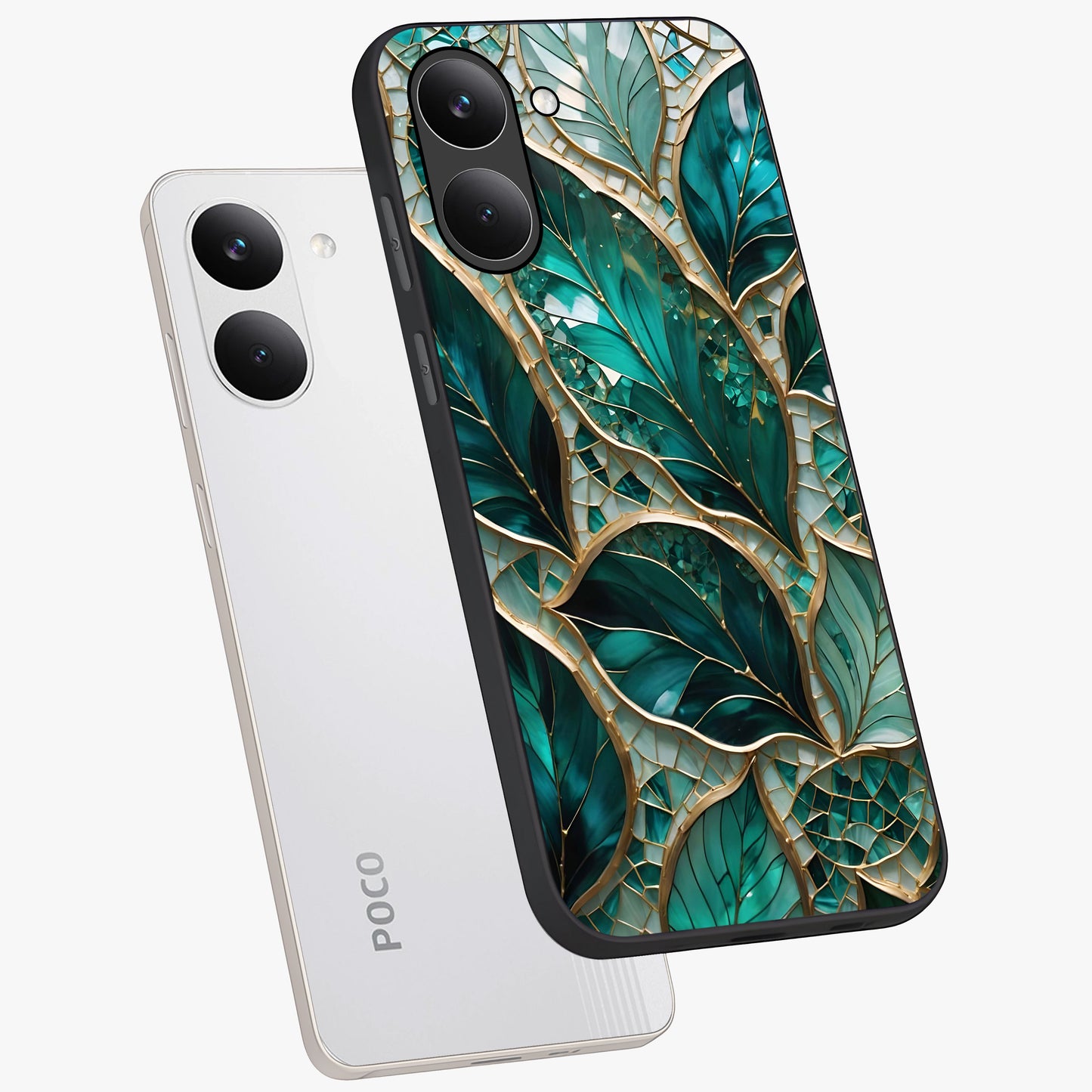 Emerald Leaf Glass Glass Case displayed in angled mockup highlighting botanical leaf illustration with elegant natural aesthetic.