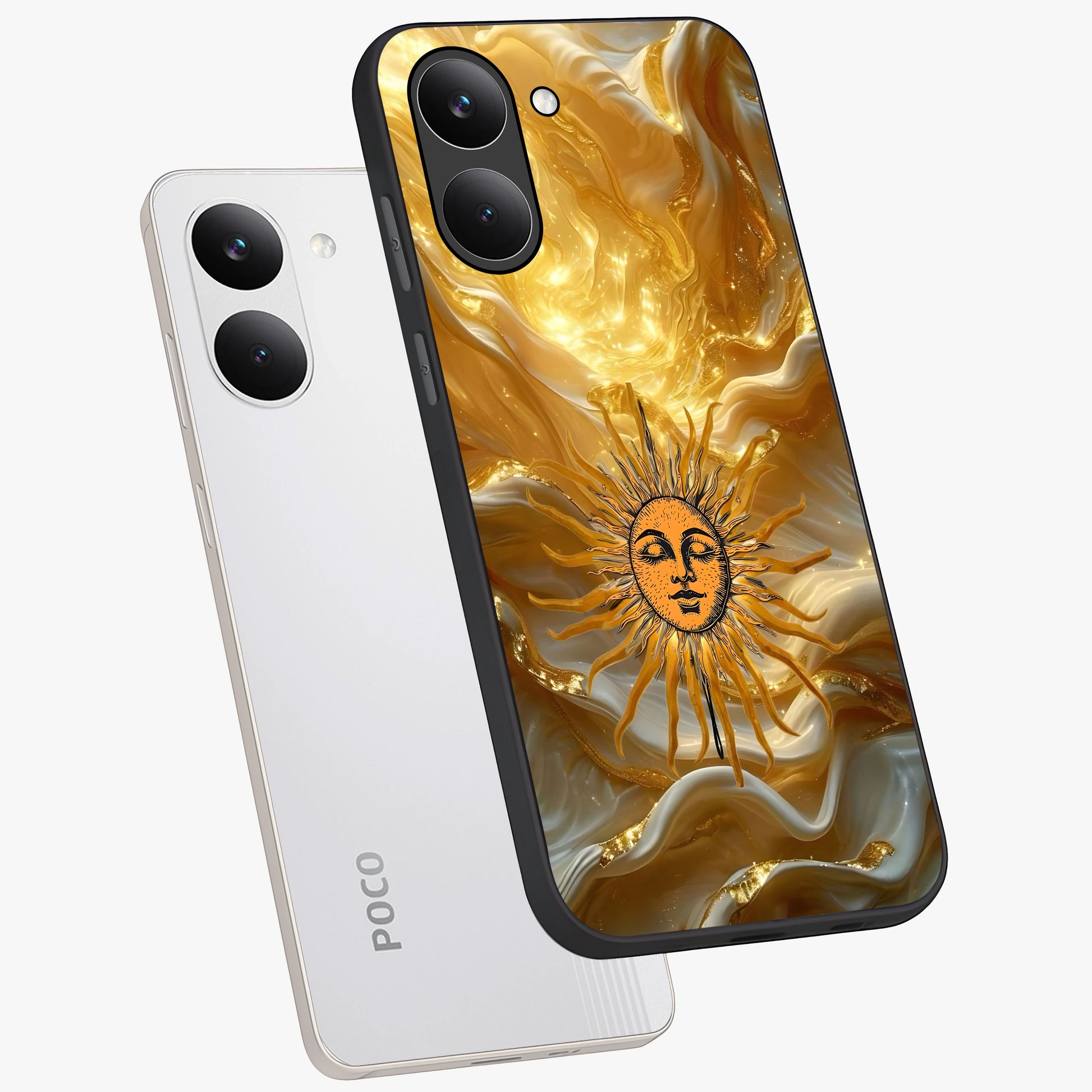 Eternal Golden Glow Glass Case displayed in angled mockup highlighting glowing golden aesthetic design with elegant style.