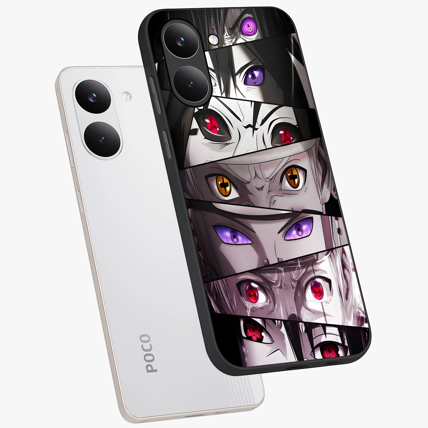 Eyes of Destiny Glass Case displayed in angled mockup highlighting bold eye illustration with mystical aesthetic style.