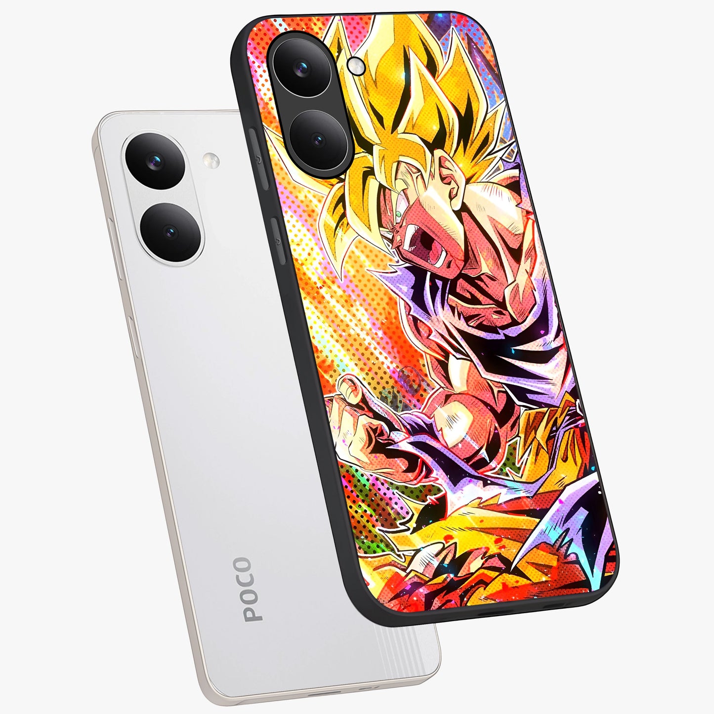 Firing Goku Glass Case displayed in angled mockup highlighting dynamic anime character design with action aesthetic.