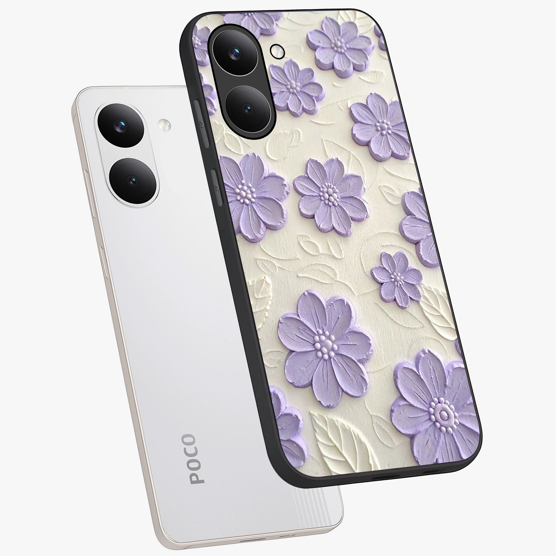Floral Wall Art With Purple Flowers Glass Case displayed in angled mockup highlighting vibrant purple floral illustration with artistic aesthetic.