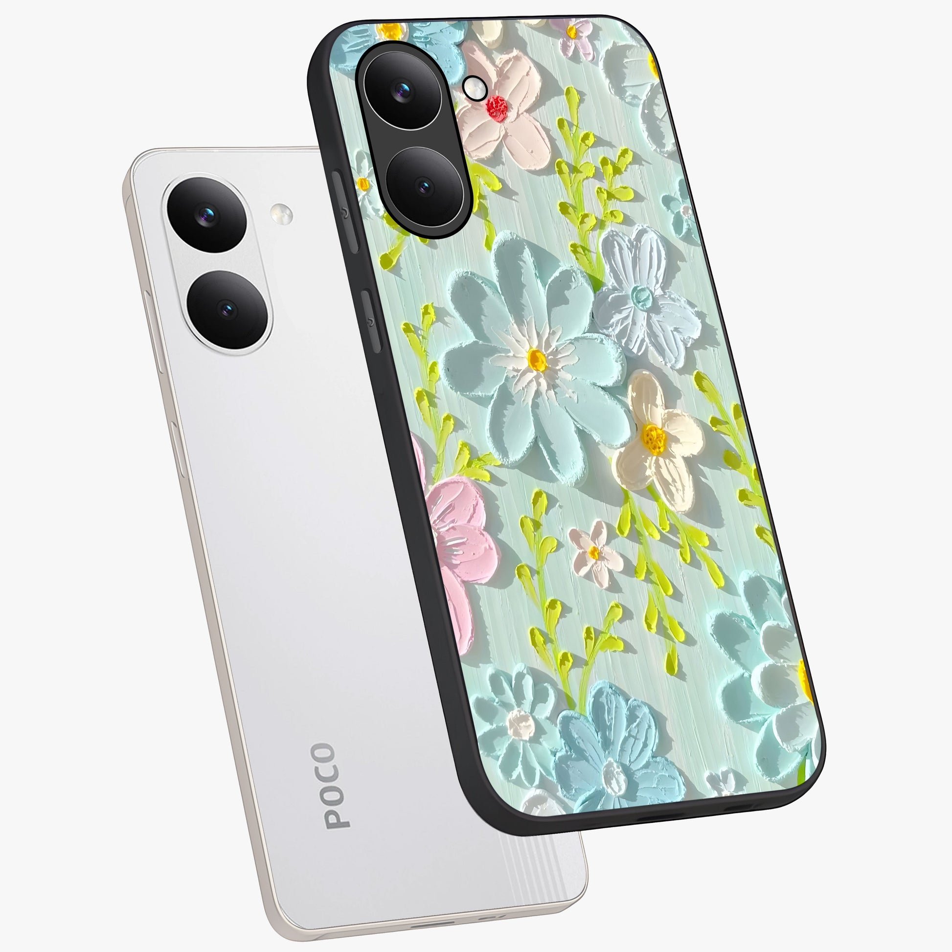 Frosted Petal Garden Glass Case displayed in angled mockup highlighting delicate flower petal design with calm garden aesthetic.