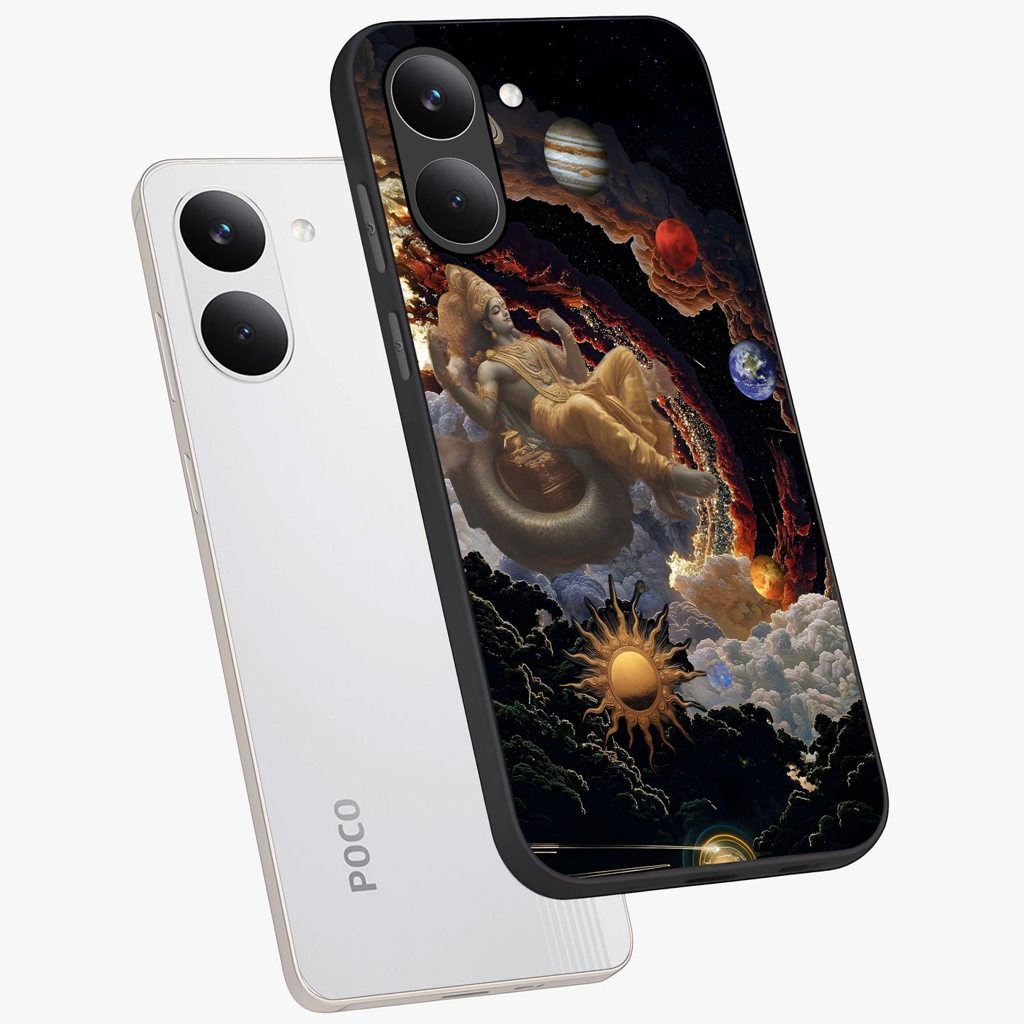Galactic Divine God Glass Case displayed in angled mockup highlighting powerful celestial deity illustration with galactic aesthetic.