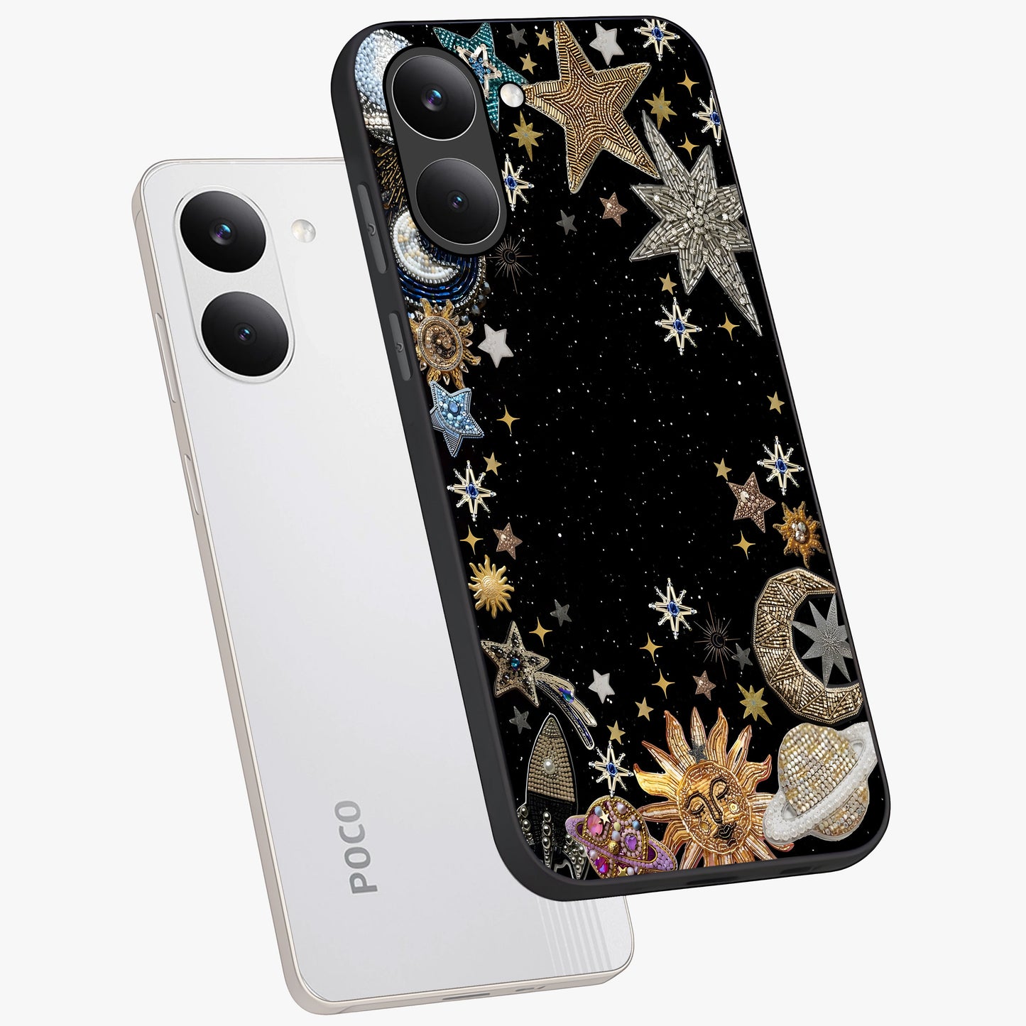 Galactic Jewel Stars Glass Case displayed in angled mockup highlighting shining celestial star design with cosmic aesthetic style.