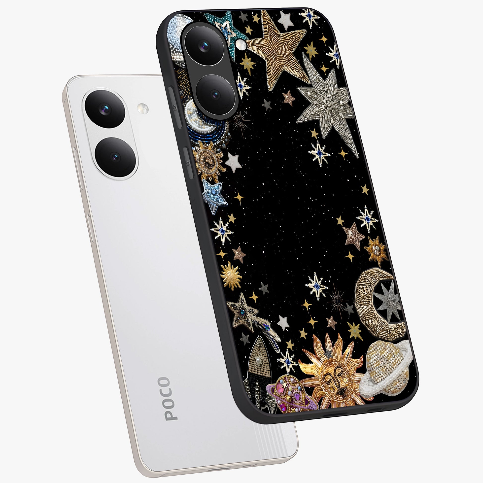 Galactic Jewel Stars Glass Case displayed in angled mockup highlighting shining celestial star design with cosmic aesthetic style.