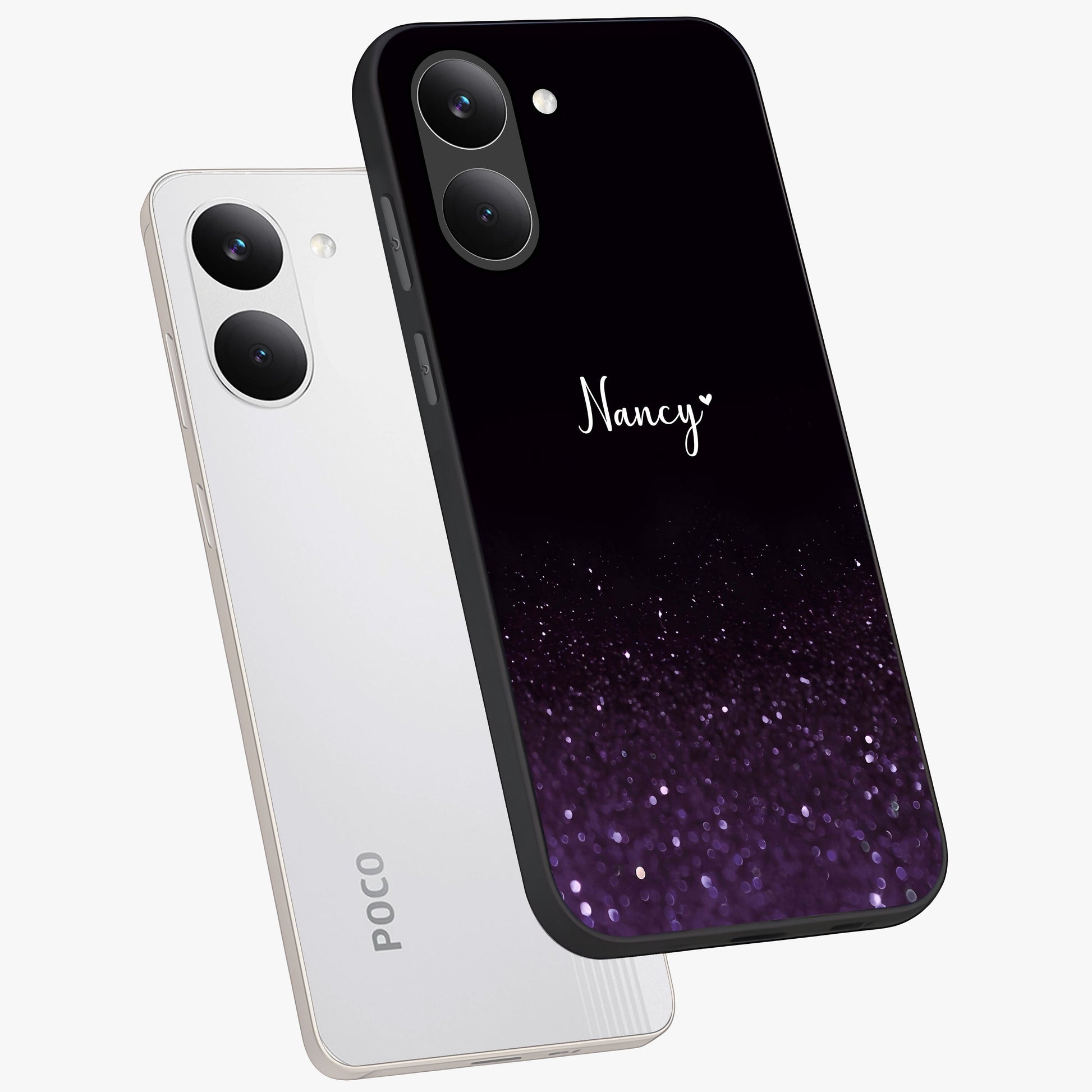 Glittery Purple Bokeh Custom Name Glass Case displayed in angled mockup highlighting glitter bokeh pattern with custom name feature.