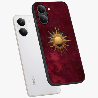 Golden Sun Minimalism Glass Case displayed in angled mockup highlighting clean sun symbol design with modern minimal aesthetic.