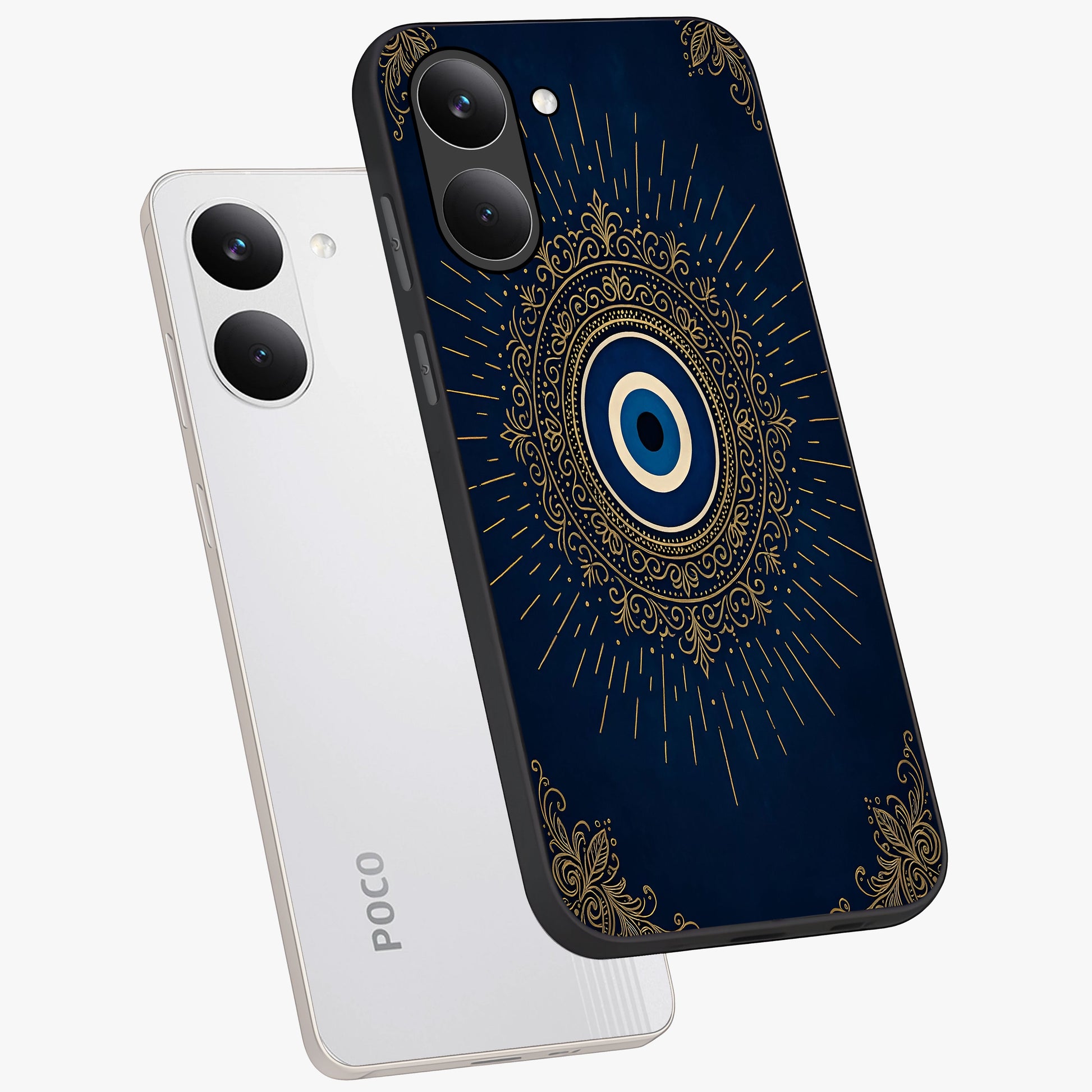Golden Celestial Charm Glass Case displayed in angled mockup highlighting sparkling cosmic charm design with celestial aesthetic.