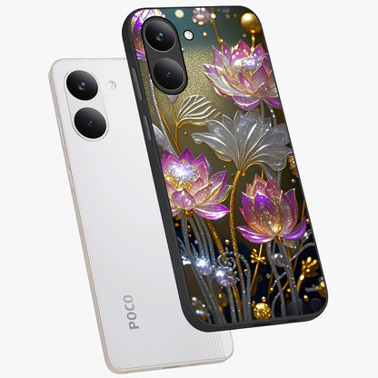 Golden Floral Majesty Glass Case displayed in angled mockup highlighting elegant flower design with royal golden aesthetic.