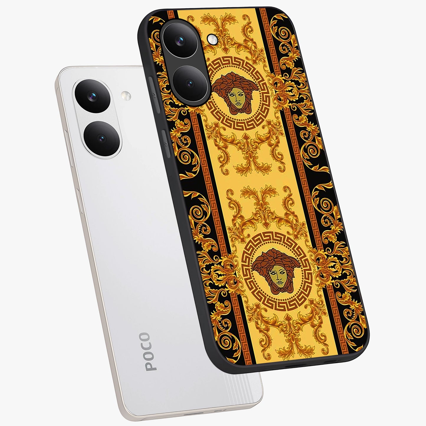 Golden Lotus Glow Glass Case displayed in angled mockup highlighting radiant lotus illustration with spiritual aesthetic.