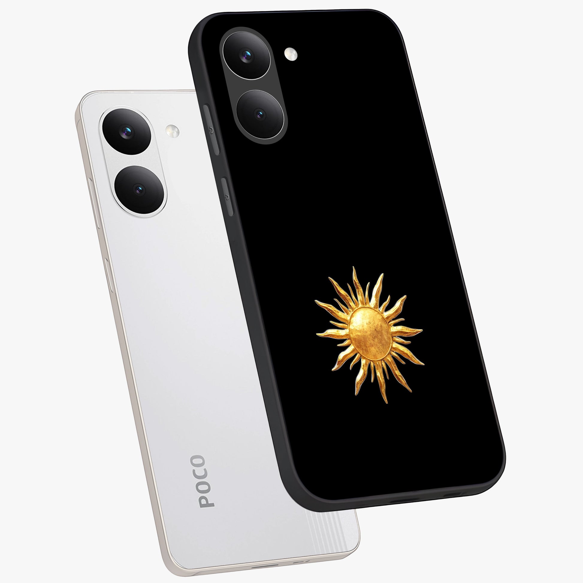 Golden Sun Minimalism Glass Case displayed in angled mockup highlighting eerie shadow illustration with gothic aesthetic.