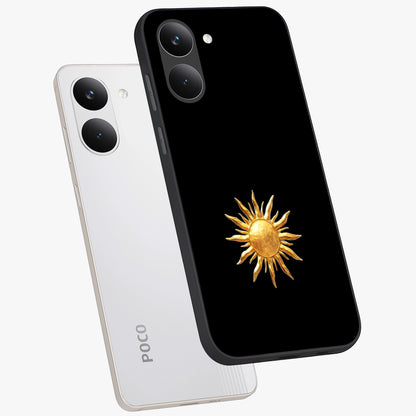 Golden Sun Minimalism Glass Case displayed in angled mockup highlighting eerie shadow illustration with gothic aesthetic.