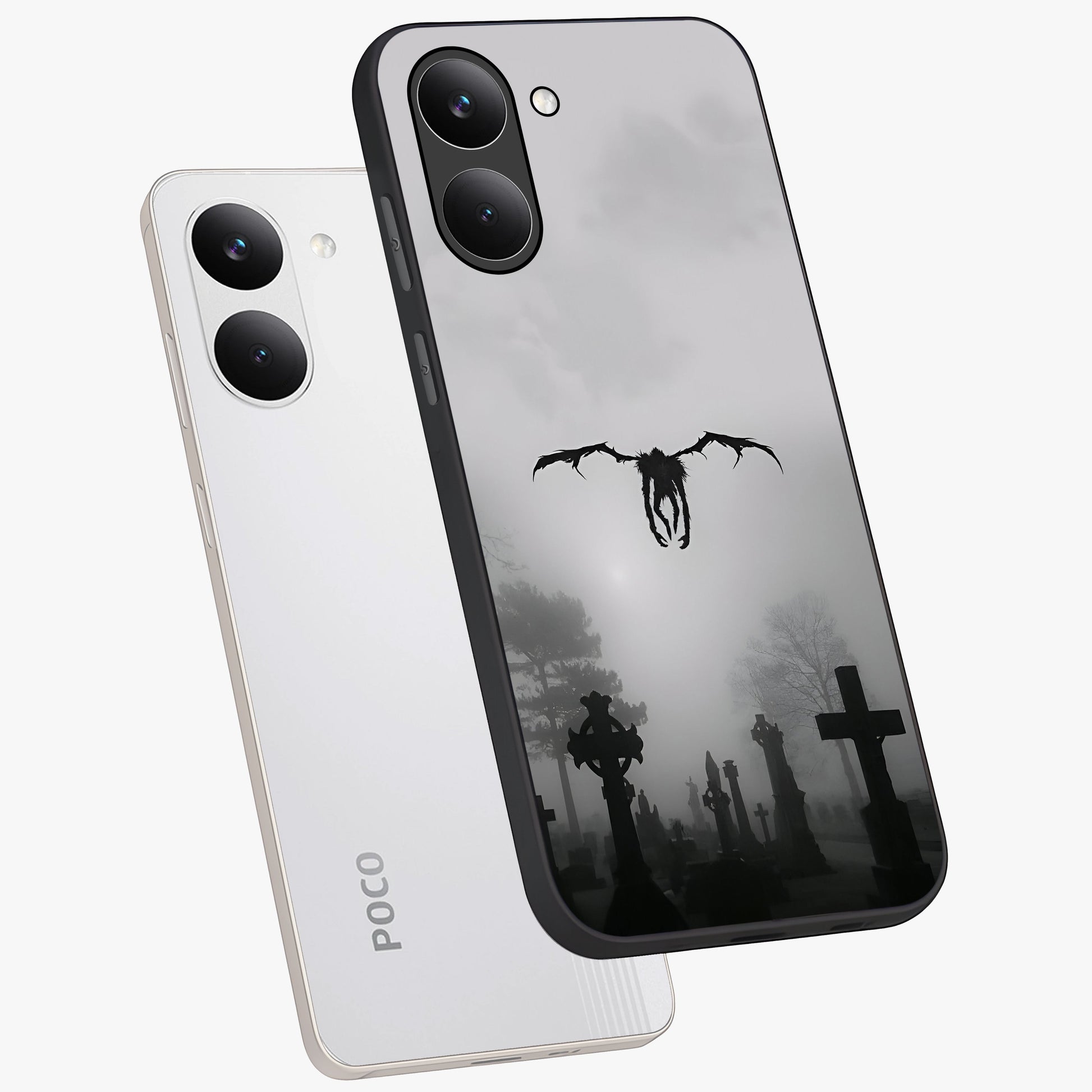 Graveyard Shadow Descent Glass Case displayed in angled mockup highlighting eerie shadow illustration with gothic aesthetic.