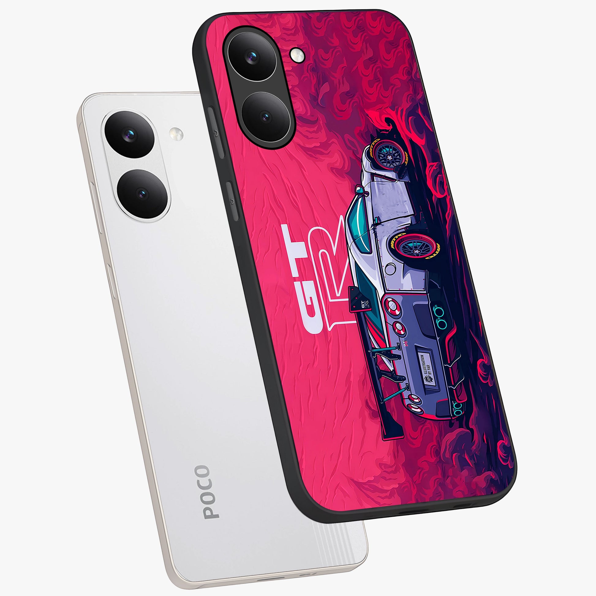 GT-R Car Pattern Glass Case displayed in angled mockup highlighting racing car graphic design with bold automotive aesthetic.