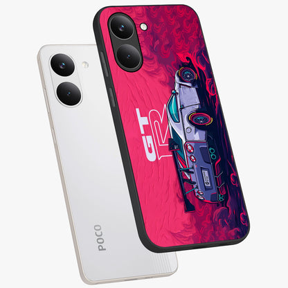GT-R Car Pattern Glass Case displayed in angled mockup highlighting racing car graphic design with bold automotive aesthetic.