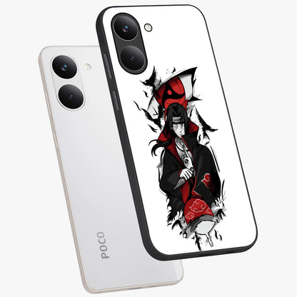 Itachi Limited Edition Naruto Anime Glass Case displayed in angled mockup highlighting dramatic anime illustration with bold action aesthetic.