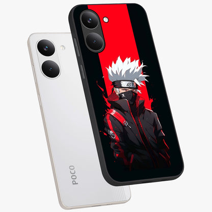 Kakashi Scarlet Shadow Glass Case displayed in angled mockup highlighting dramatic ninja illustration with scarlet themed aesthetic.