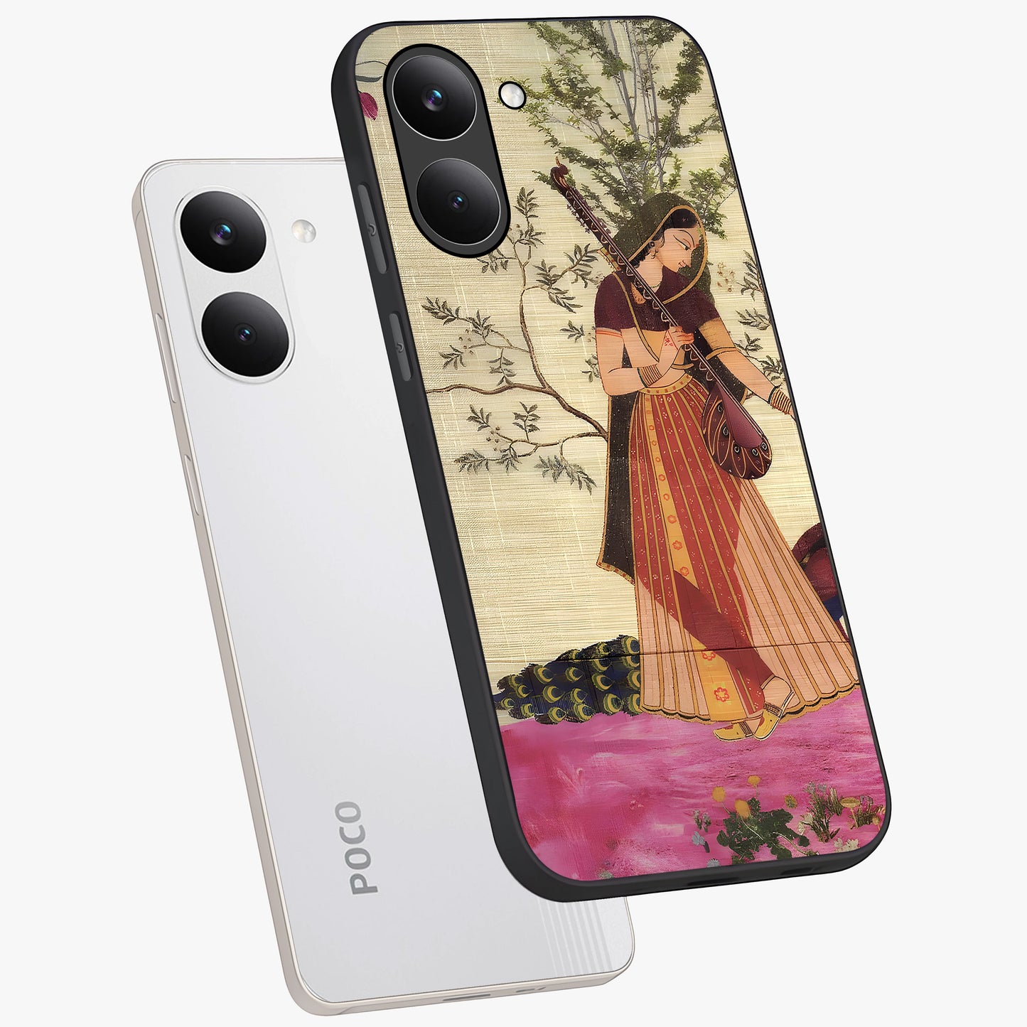 Lady With Veena Art Glass Case displayed in angled mockup highlighting graceful musical illustration with cultural artistic aesthetic.