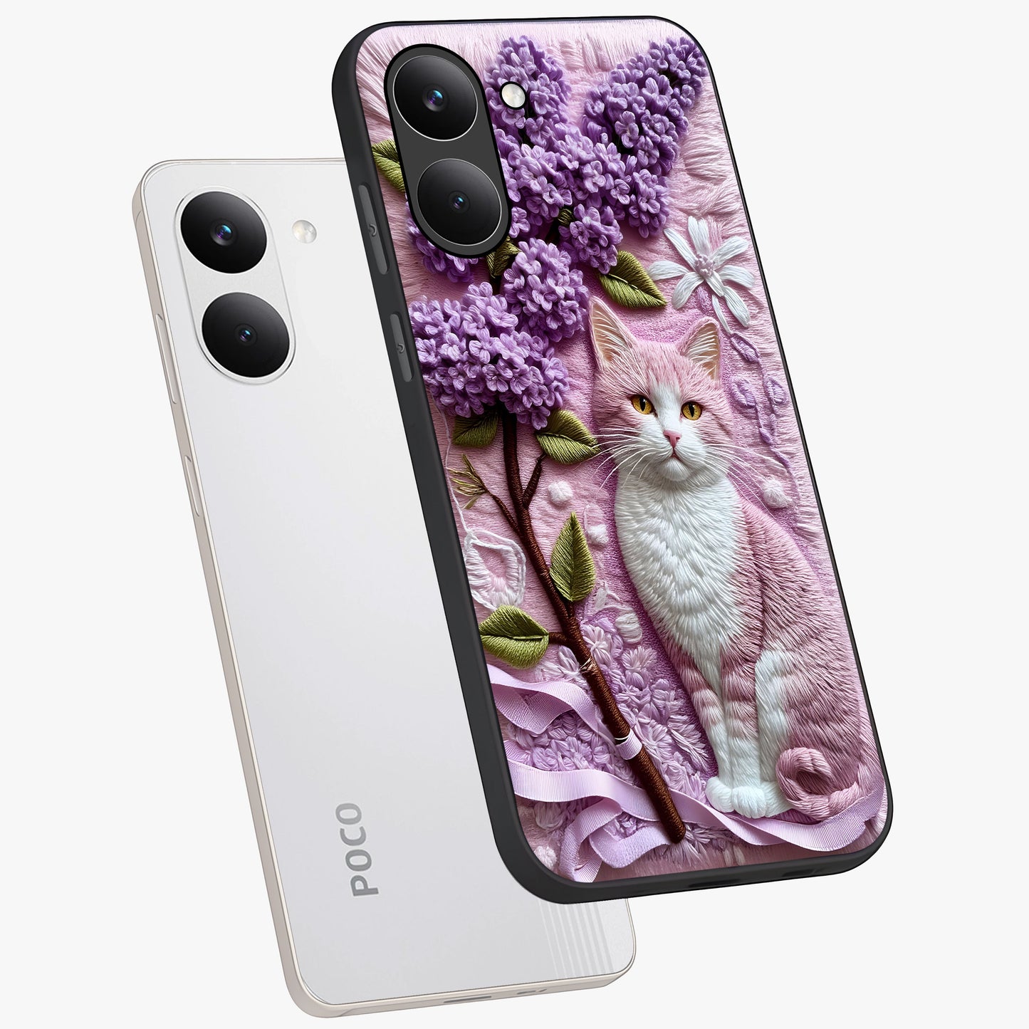 Lavender Cat Whimsy Glass Case displayed in angled mockup highlighting playful feline illustration with pastel lavender aesthetic.