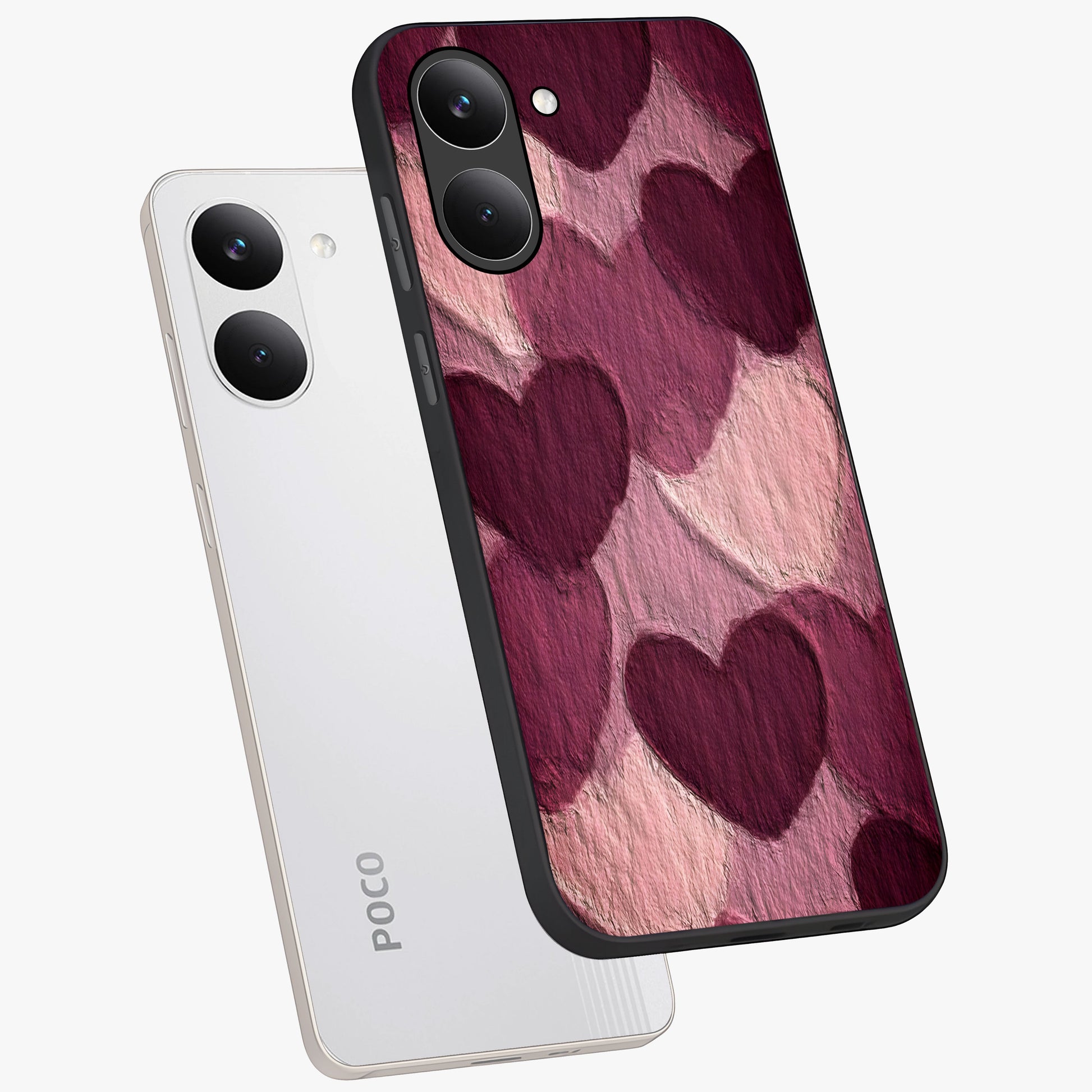 Layered Paper Hearts Glass Case displayed in angled mockup highlighting creative paper craft heart design with romantic aesthetic.