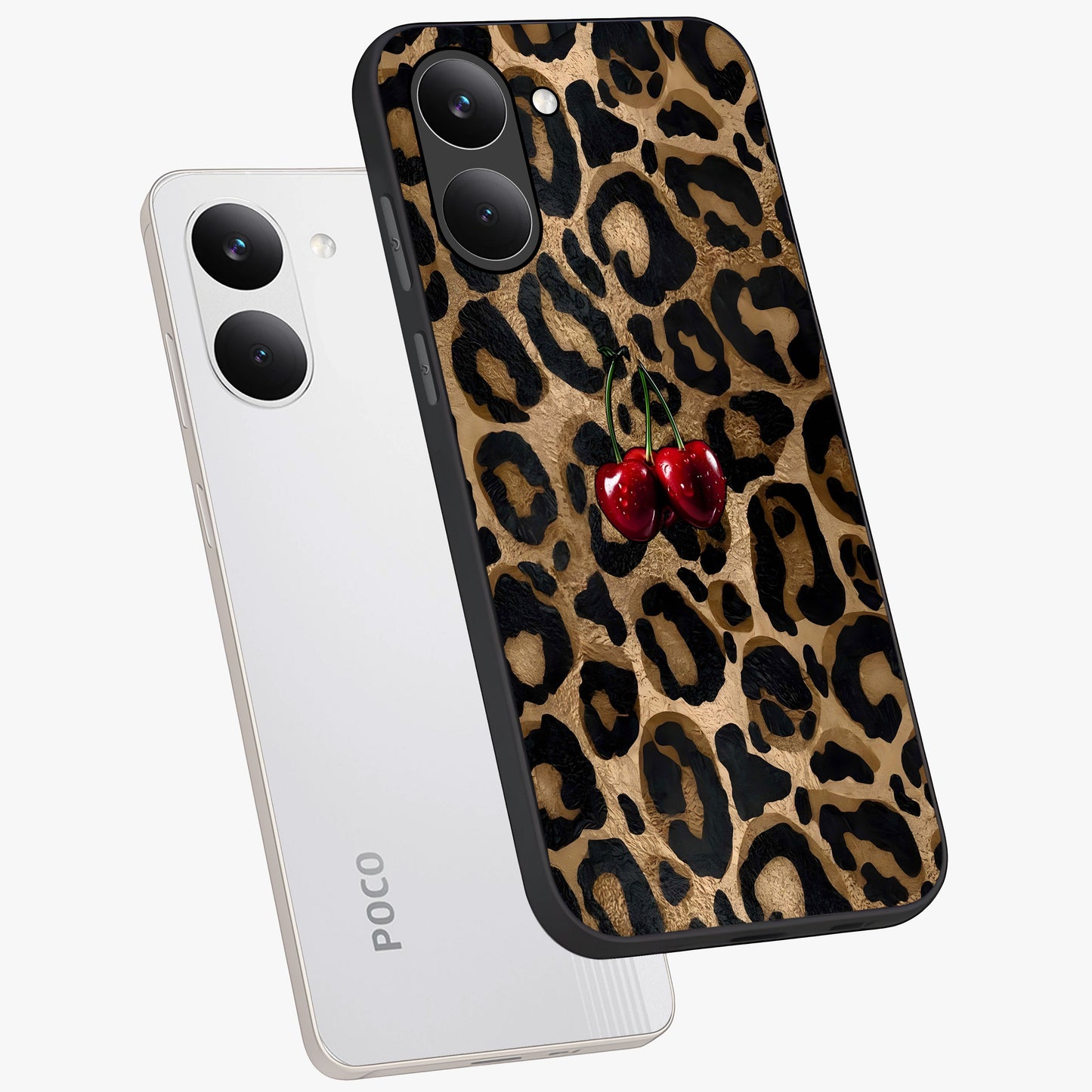 Leopard Wild Cherry Glass Case displayed in angled mockup highlighting bold animal print design with playful cherry aesthetic.