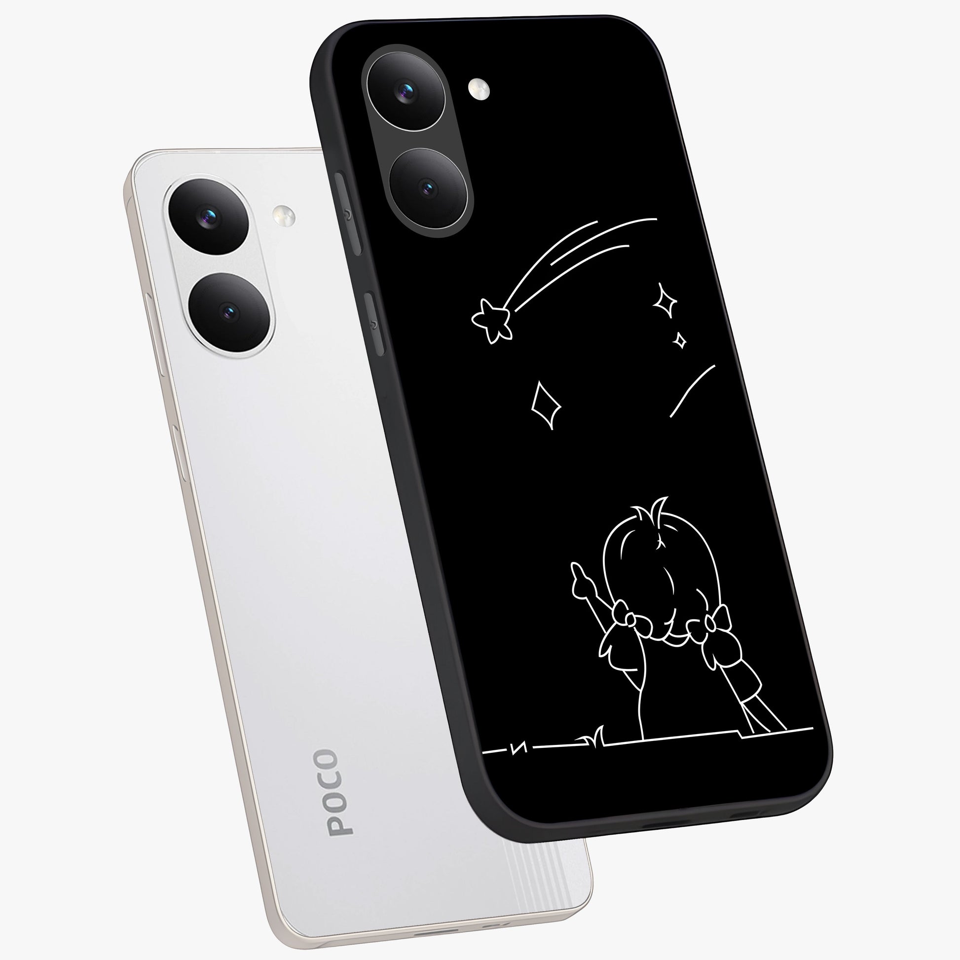 Line Art Girl With Shooting Stars Glass Case displayed in angled mockup highlighting elegant line art design with dreamy star aesthetic.