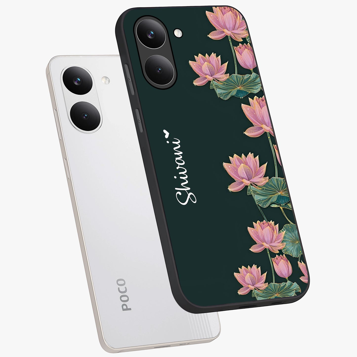 Lotus Bloom Serenity Custom Name Glass Case displayed in angled mockup highlighting graceful lotus illustration with custom name feature.