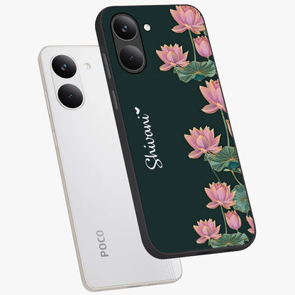 Lotus Bloom Serenity Custom Name Glass Case displayed in angled mockup highlighting graceful lotus illustration with custom name feature.