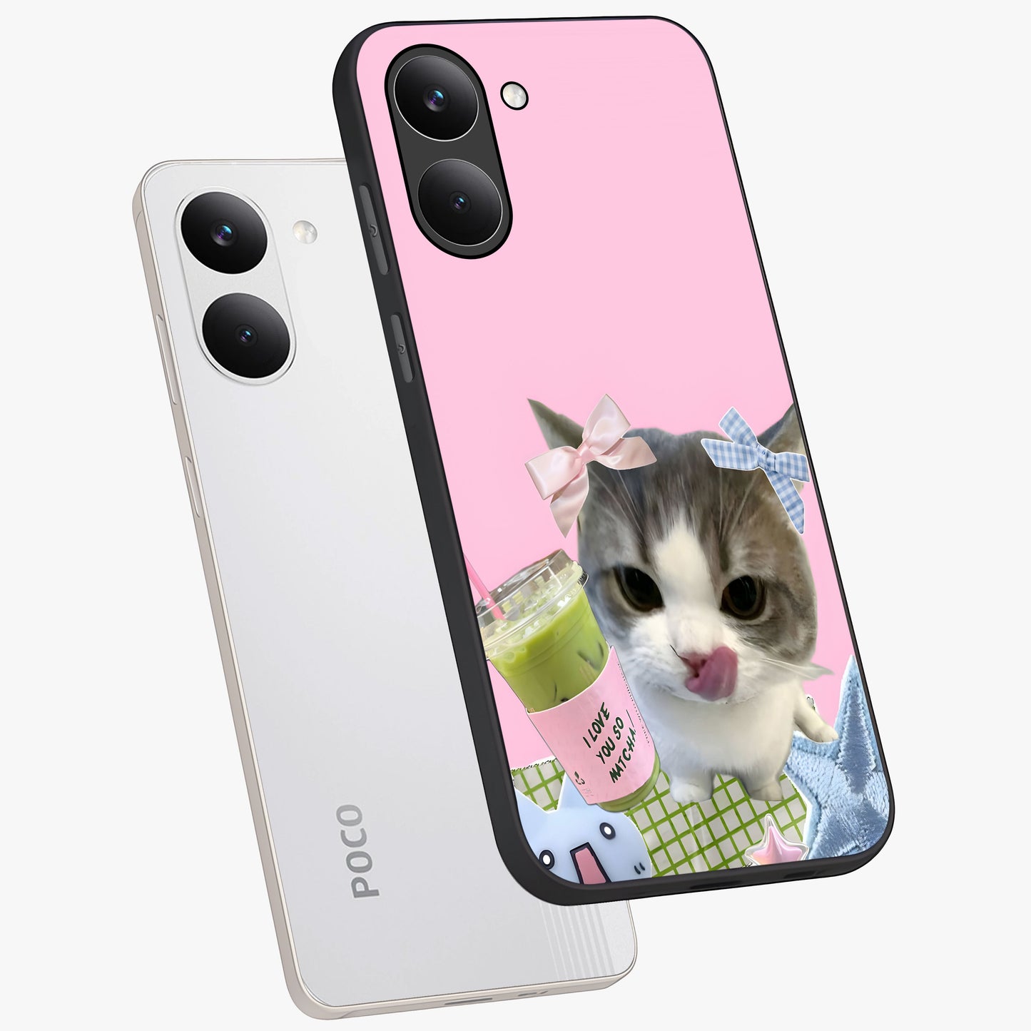 Love Matcha Cat Glass Case displayed in angled mockup highlighting playful feline illustration with cozy matcha aesthetic.