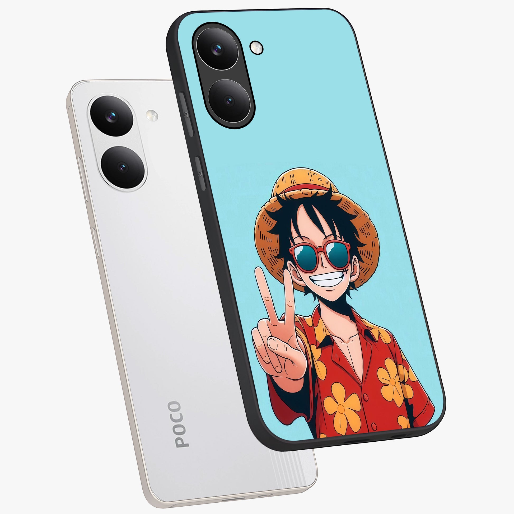 Luffy Summer Anime Vibe Glass Case displayed in angled mockup highlighting energetic anime illustration with summer vibe aesthetic.