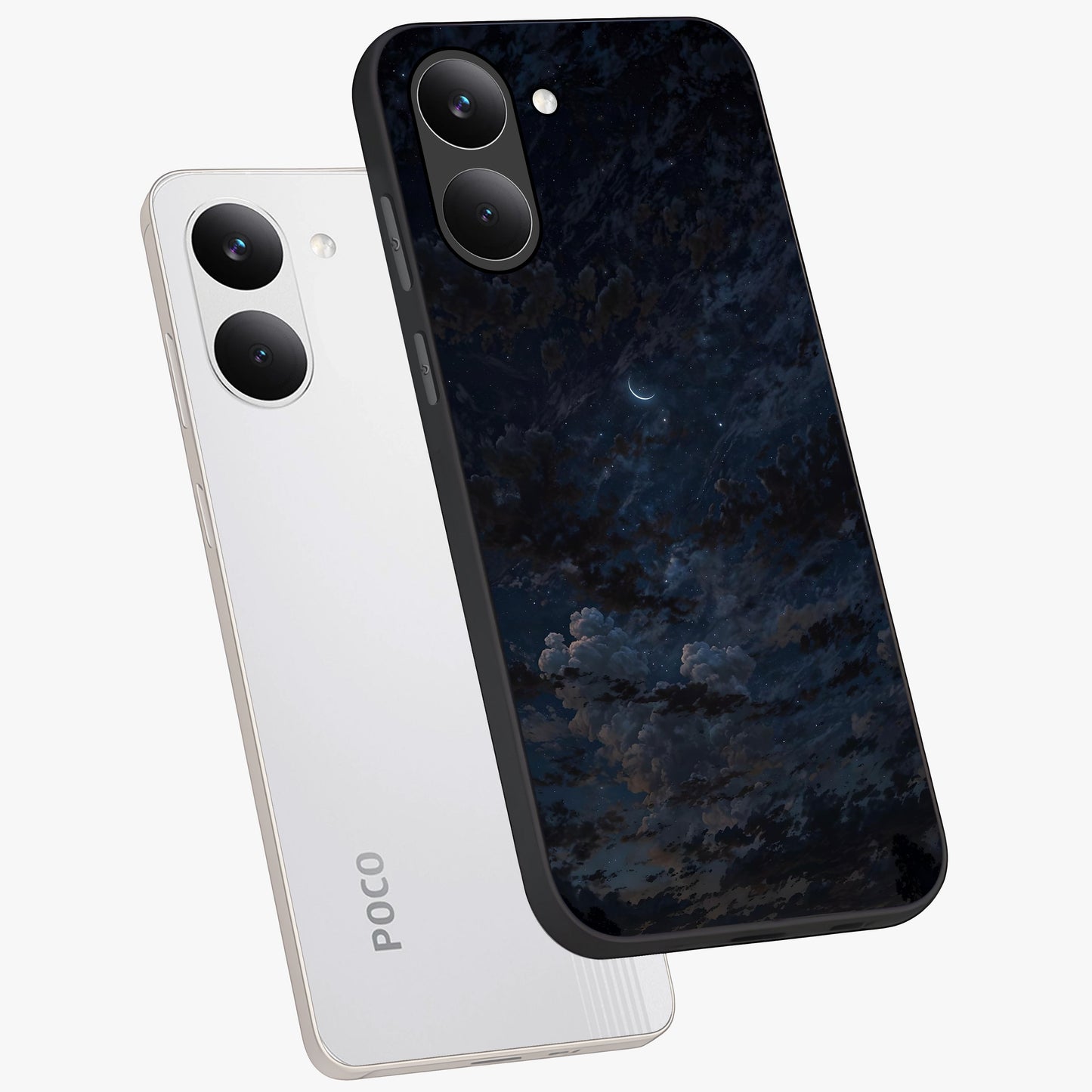 Lunar Veil Silence Glass Case displayed in angled mockup highlighting soft lunar design with peaceful celestial aesthetic.