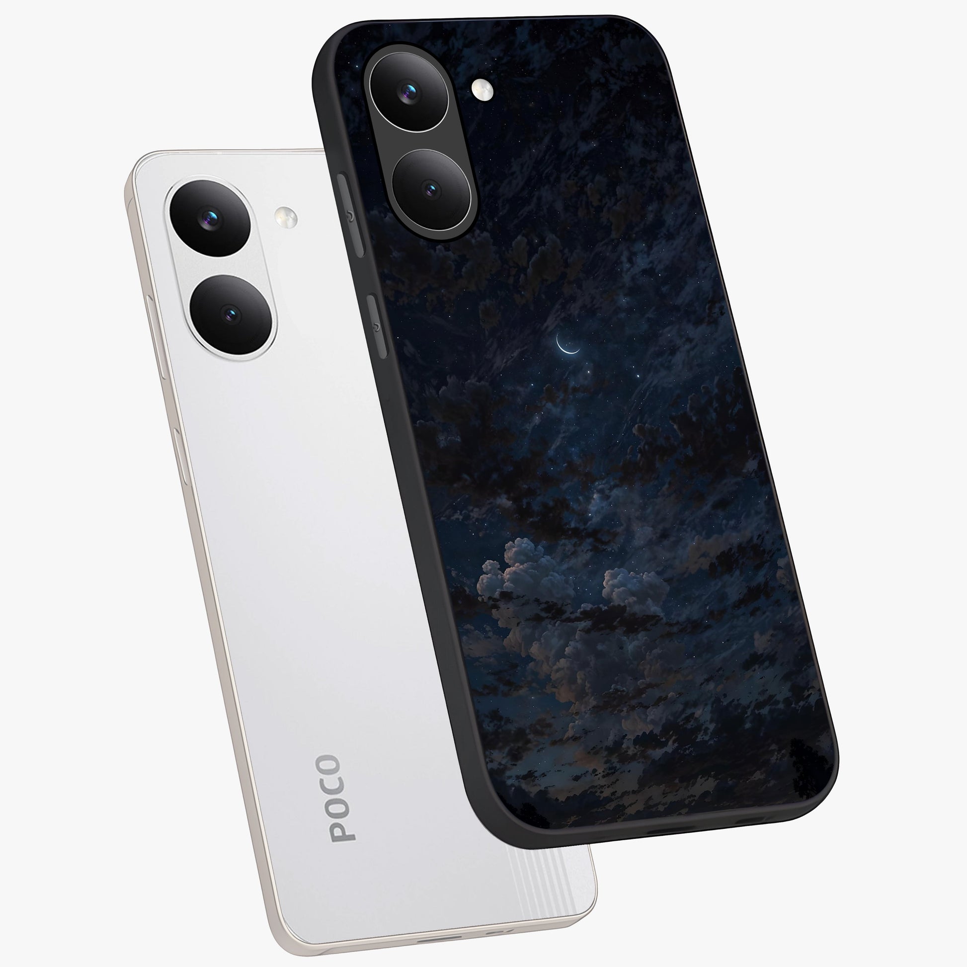 Lunar Veil Silence Glass Case displayed in angled mockup highlighting soft lunar design with peaceful celestial aesthetic.