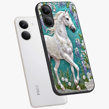 Majestic Floral Stallion Glass Case displayed in angled mockup highlighting majestic stallion illustration with elegant floral aesthetic.