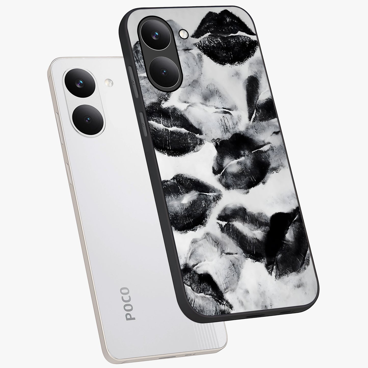 Midnight Kiss Marks Glass Case displayed in angled mockup highlighting playful romantic design with bold midnight aesthetic.