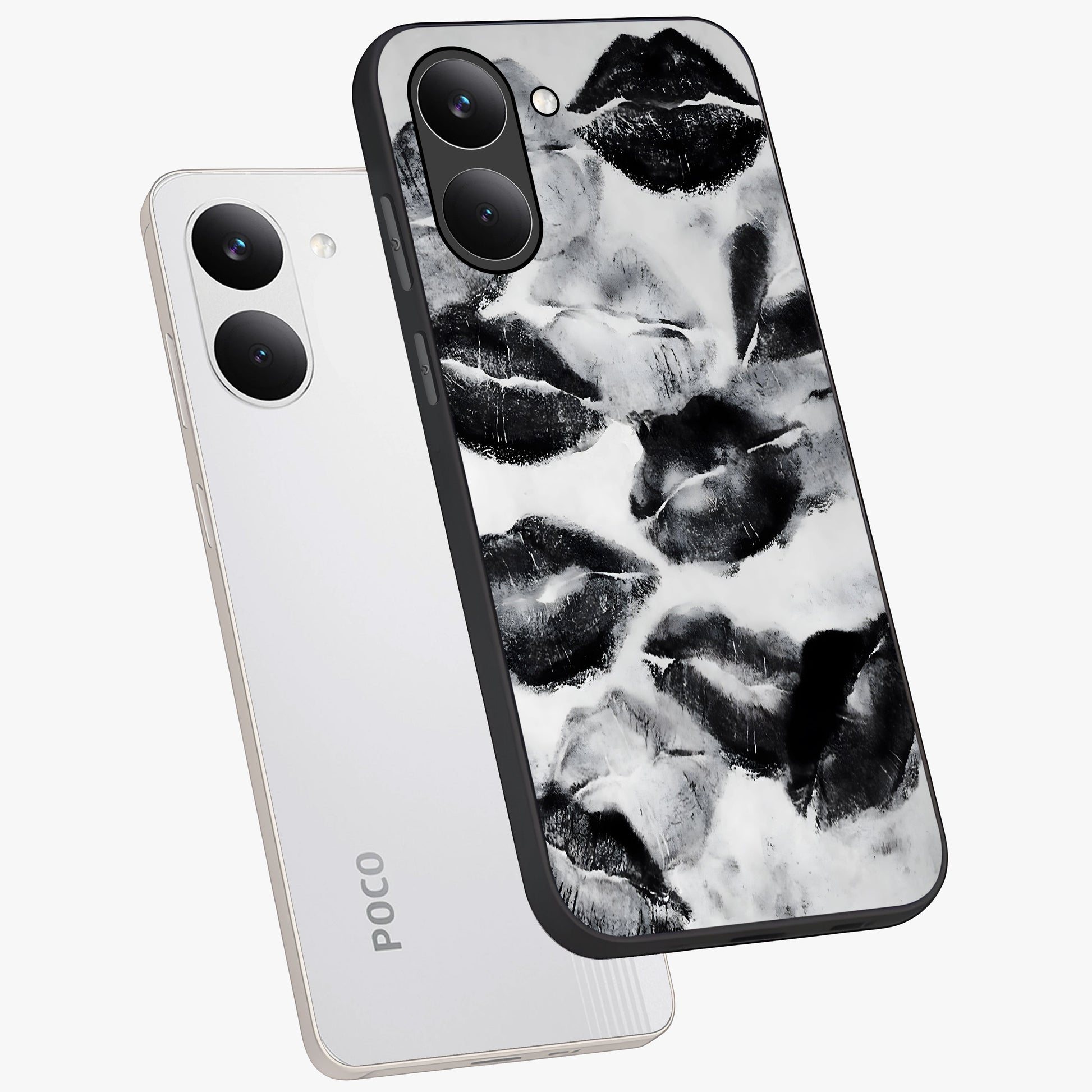 Midnight Kiss Marks Glass Case displayed in angled mockup highlighting playful romantic design with bold midnight aesthetic.