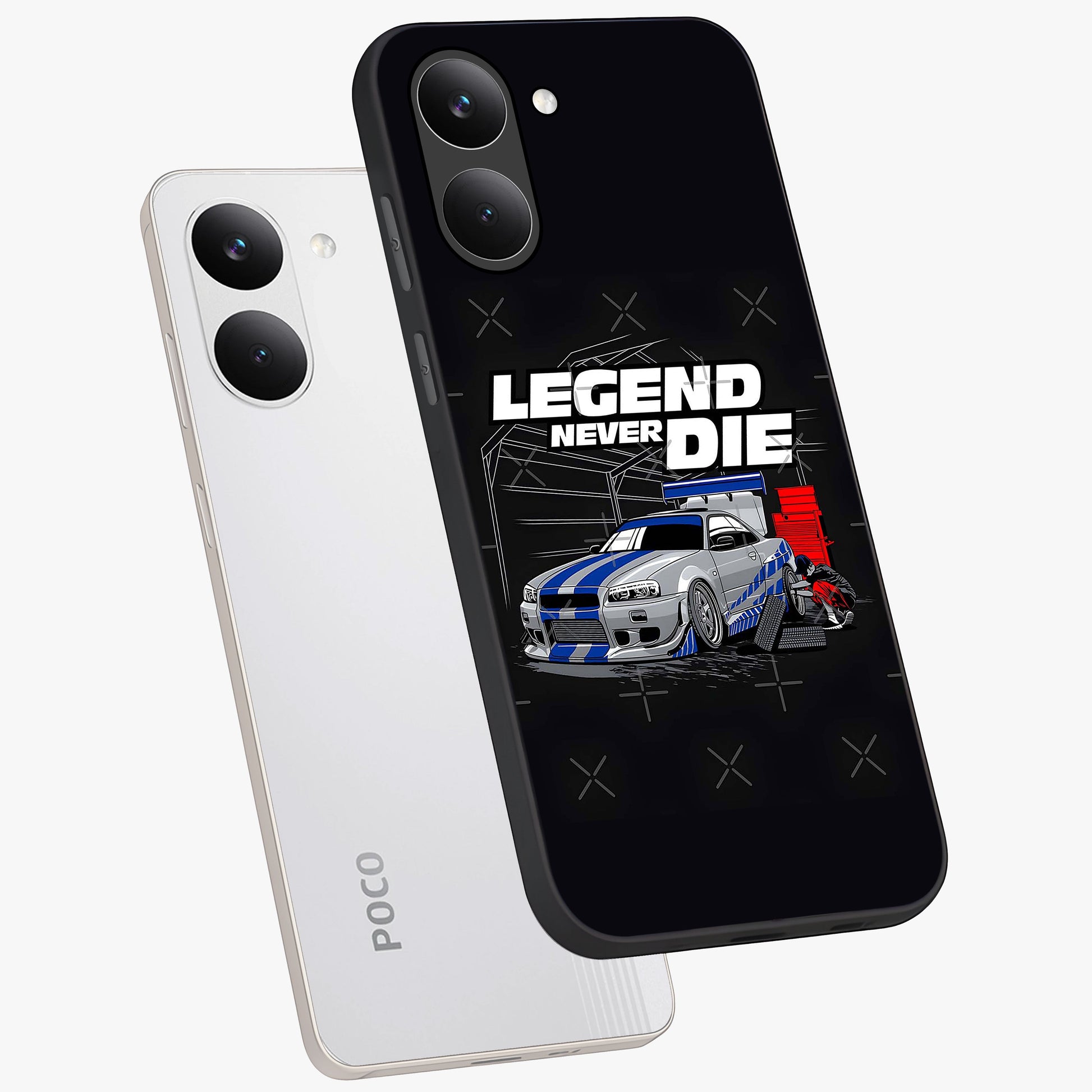 Midnight Racing Legacy Glass Case displayed in angled mockup highlighting dynamic automotive design with bold midnight aesthetic.
