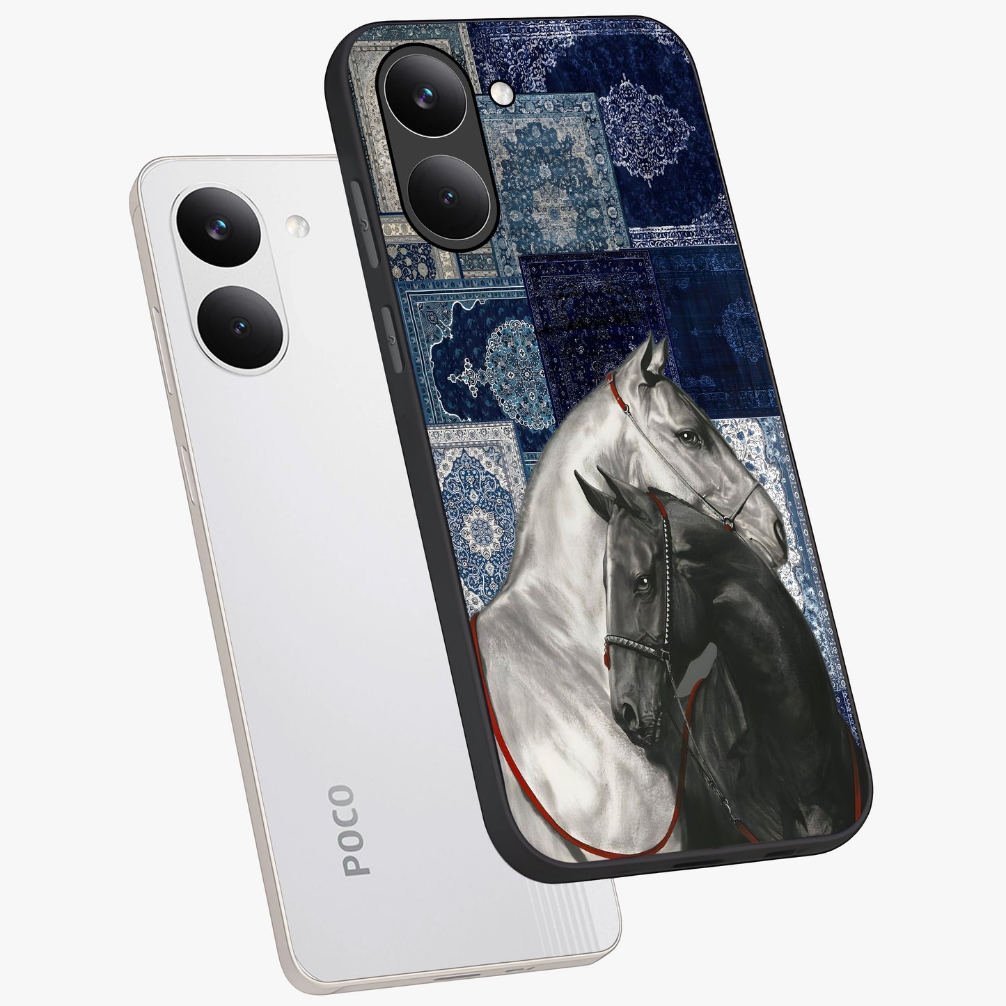 Midnight Stallion Blues Glass Case displayed in angled mockup highlighting powerful stallion illustration with deep midnight tones.