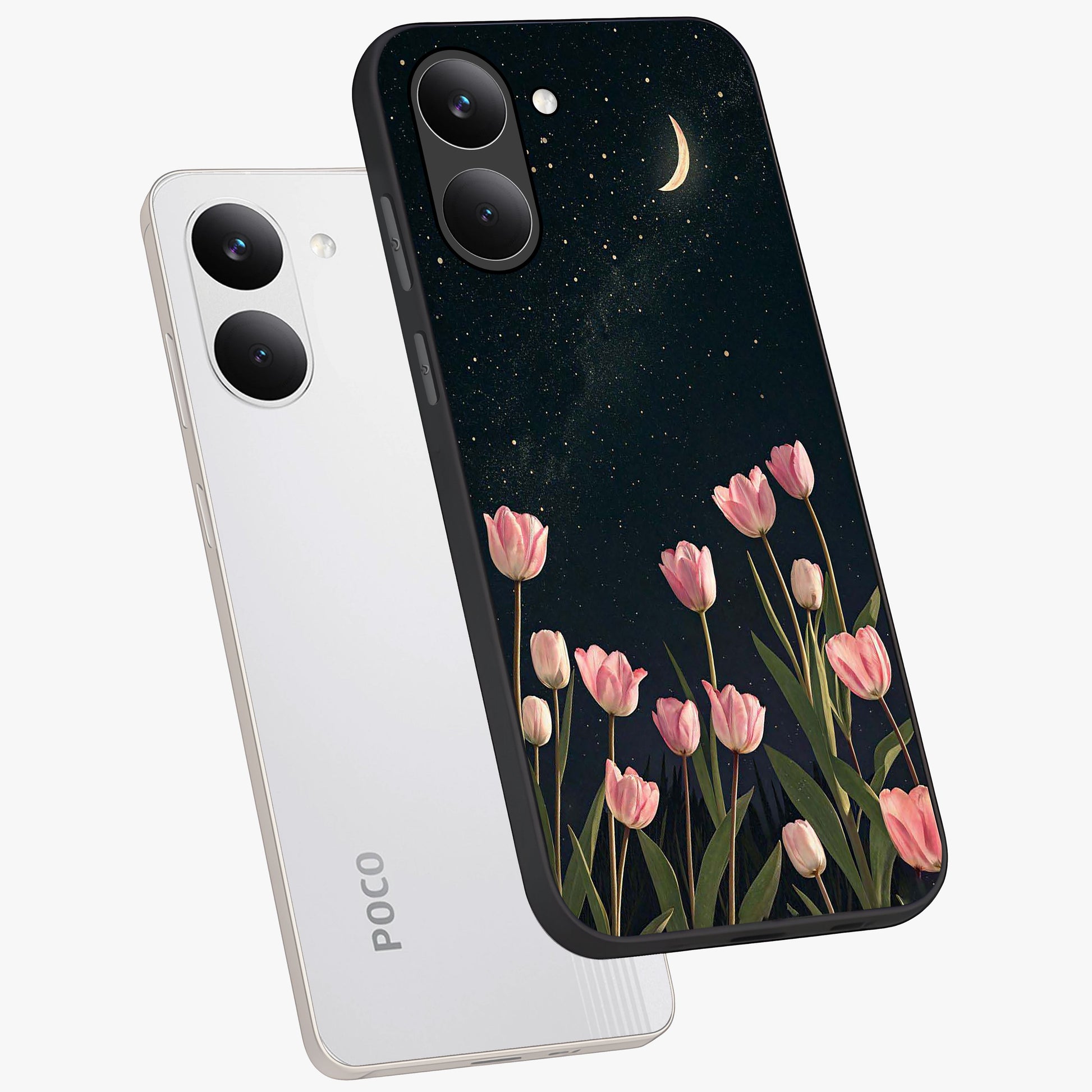 Midnight Tulip Whispers Vibe Glass Case displayed in angled mockup highlighting delicate tulip design with midnight floral aesthetic.